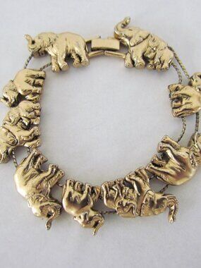 Vintage Elephant Charms Sliding Bracelet Gold Tone WOW!